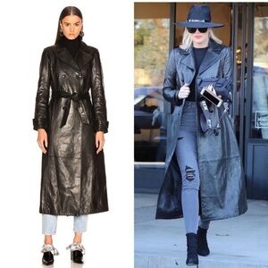 NWOT Frame Lamb Leather Trench Coat Black Size Large Celebrities Favorite.